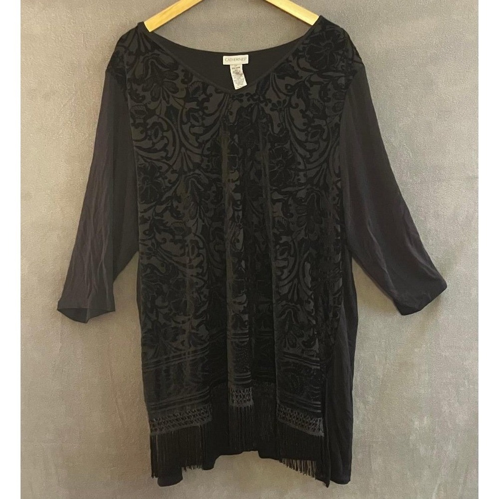 Catherines Black‎ Velvet Burnout Damask Fringe Tunic Top 2X 22/24W Dark Floral